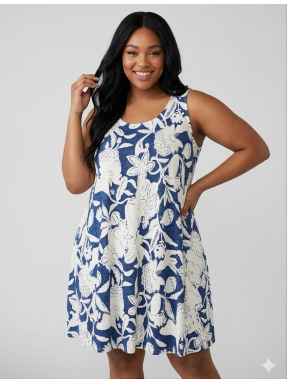Shoreline Blue White Floral Sleeveless Dress 3XL